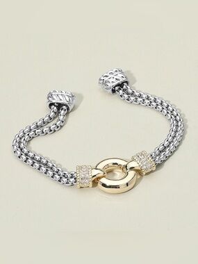 14K Gold Plated CZ Stone Paved Circular Centerpiece Dual Chain Magnetic Bracelet